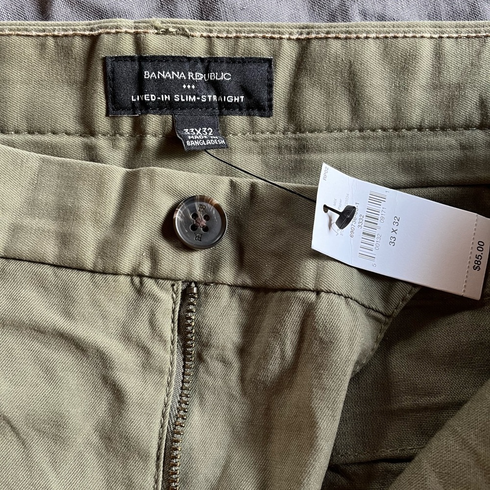 Worn once. Banana Republic Men's Lived-In Slim Straight Pants Olive Green 33x32